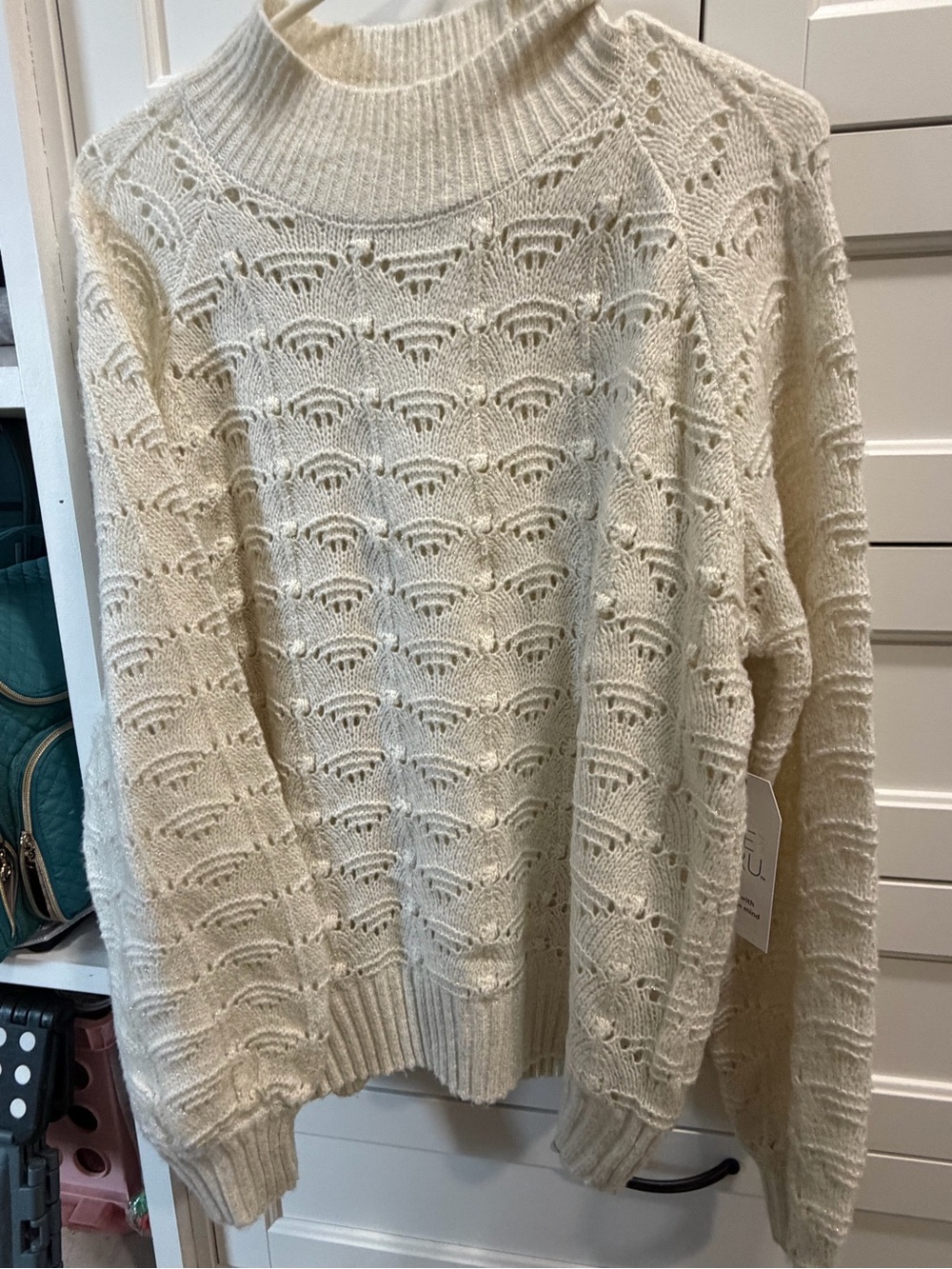 Time and Tru Cream Open-Knit Turtleneck Sweater